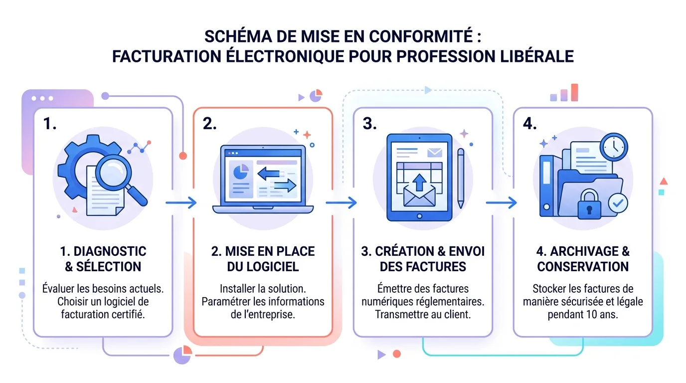 Schéma en 4 étapes de mise en conformité facturation électronique pour profession libérale, fond blanc, icônes bleu #2563EB, police claire, texte en français Schéma en 4 étapes de mise en conformité facturation électronique pour profession libérale, fond blanc, icônes bleu #2563EB, police claire, texte en français