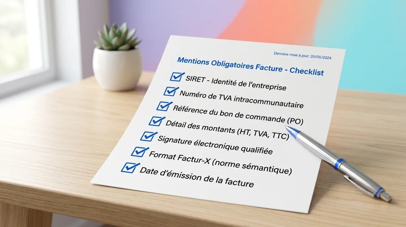 Checklist papier mentions obligatoires facture électronique : SIRET, TVA, bon de commande, signature, format Factur-X cochés Checklist papier mentions obligatoires facture électronique : SIRET, TVA, bon de commande, signature, format Factur-X cochés