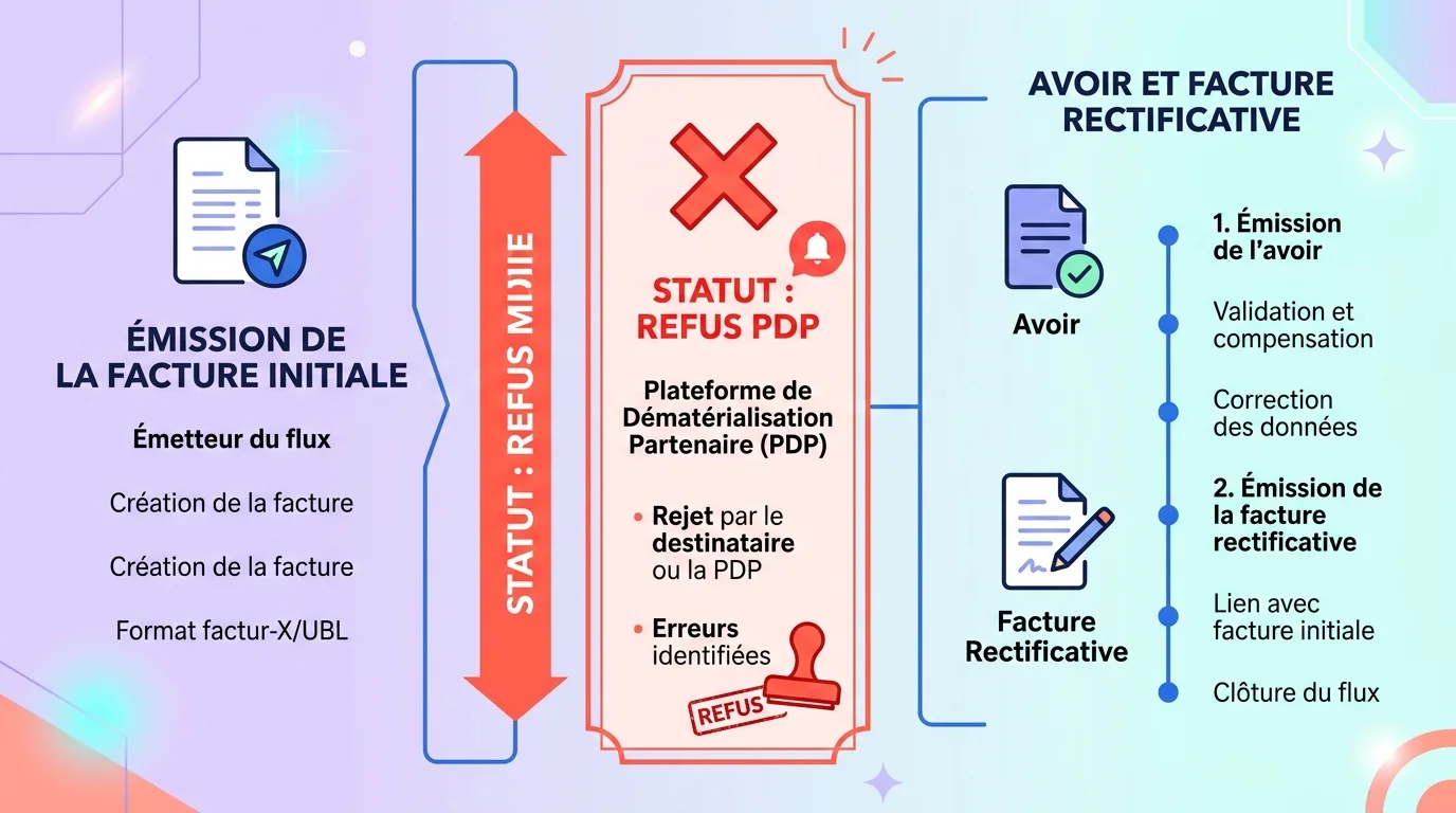 Workflow facture électronique refusée : émission, statut refus PDP, avoir et facture rectificative, schéma vertical bleu Workflow facture électronique refusée : émission, statut refus PDP, avoir et facture rectificative, schéma vertical bleu