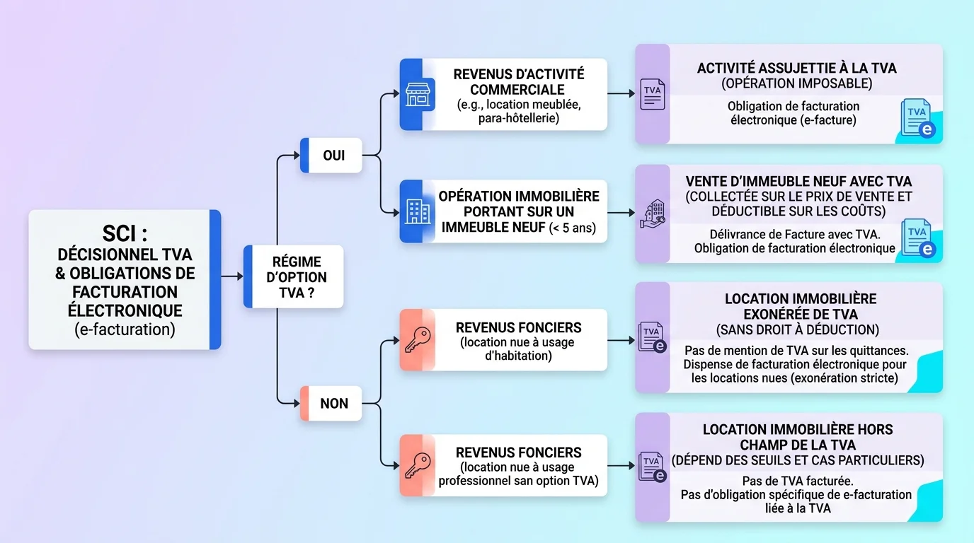 Schéma décisionnel montrant les 4 cas TVA d'une SCI et les obligations de facturation électronique correspondantes Schéma décisionnel montrant les 4 cas TVA d'une SCI et les obligations de facturation électronique correspondantes