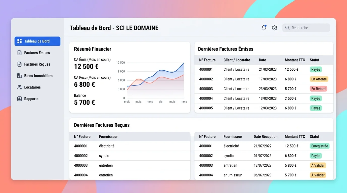 Tableau de bord d une plateforme agréée montrant les factures reçues et émises d une SCI Tableau de bord d une plateforme agréée montrant les factures reçues et émises d une SCI