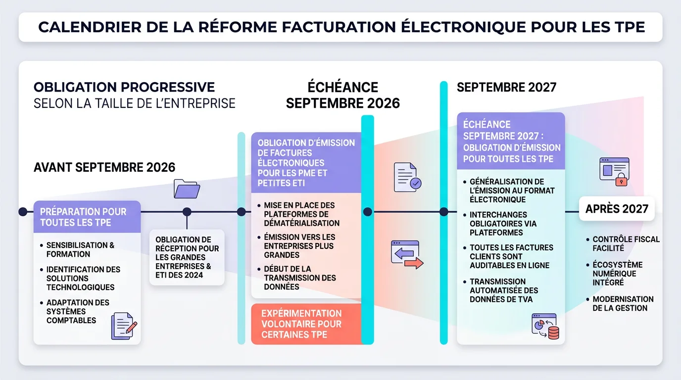 Calendrier de la réforme facture électronique pour les TPE avec les échéances septembre 2026 et septembre 2027 Calendrier de la réforme facture électronique pour les TPE avec les échéances septembre 2026 et septembre 2027