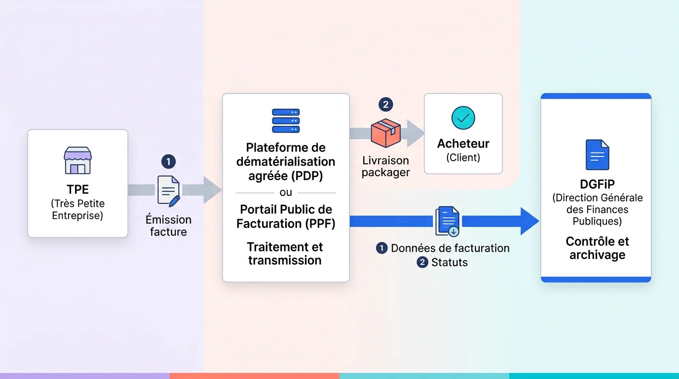 Schéma du flux de facturation électronique entre une TPE, sa plateforme agréée et la DGFiP Schéma du flux de facturation électronique entre une TPE, sa plateforme agréée et la DGFiP