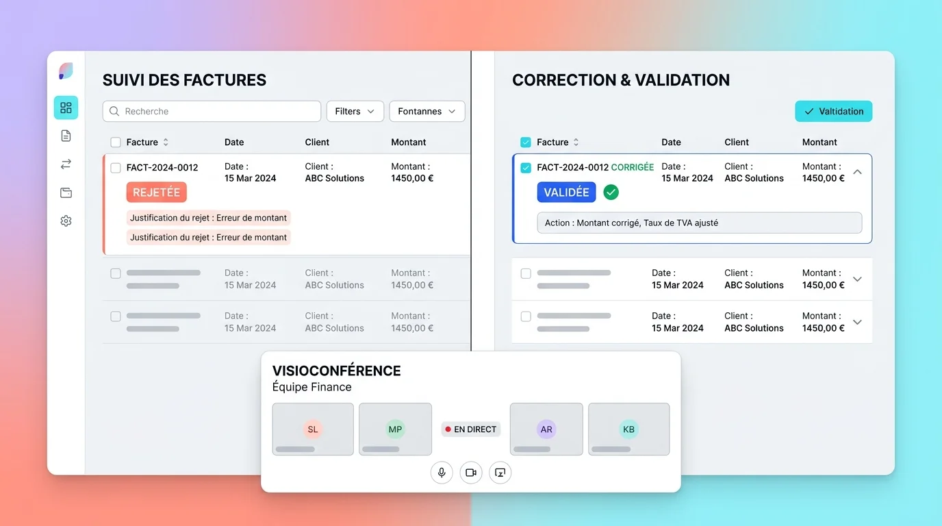 Écran partagé de démonstration montrant une facture rejetée puis corrigée, avec statuts visibles et équipe finance en visioconférence Écran partagé de démonstration montrant une facture rejetée puis corrigée, avec statuts visibles et équipe finance en visioconférence