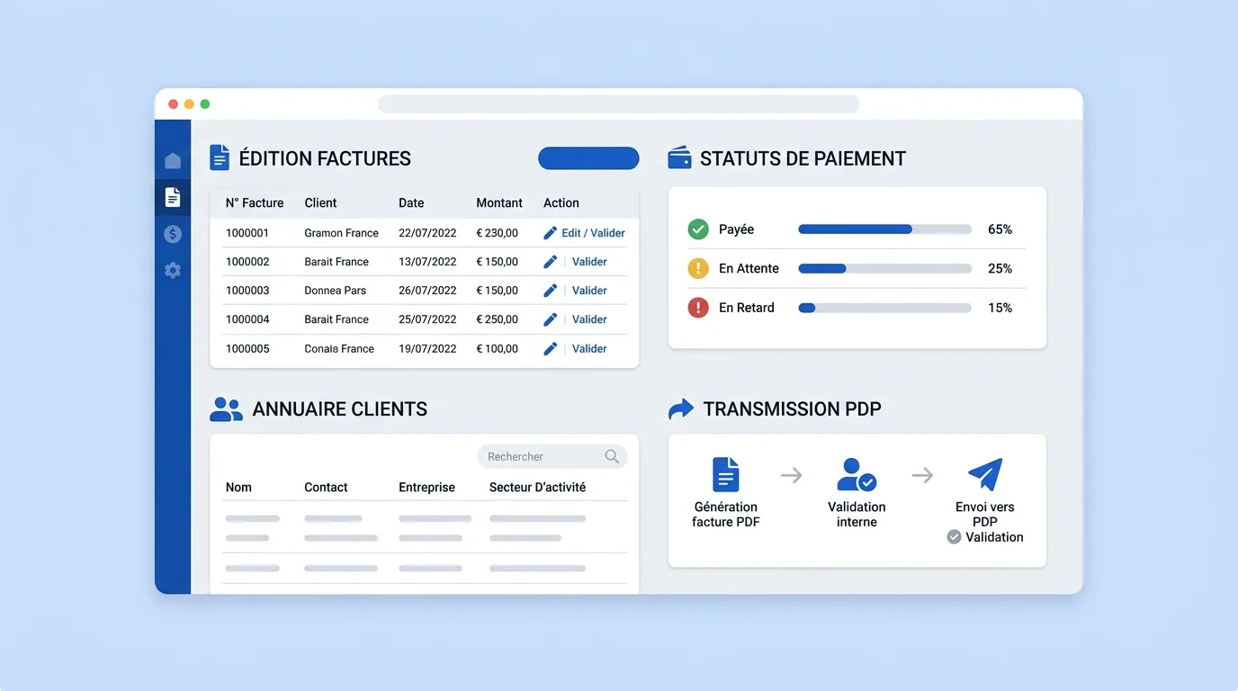 Responsable finance devant un tableau de bord montrant facture, statuts, annuaire et transmission PDP sur fond bleu clair Responsable finance devant un tableau de bord montrant facture, statuts, annuaire et transmission PDP sur fond bleu clair