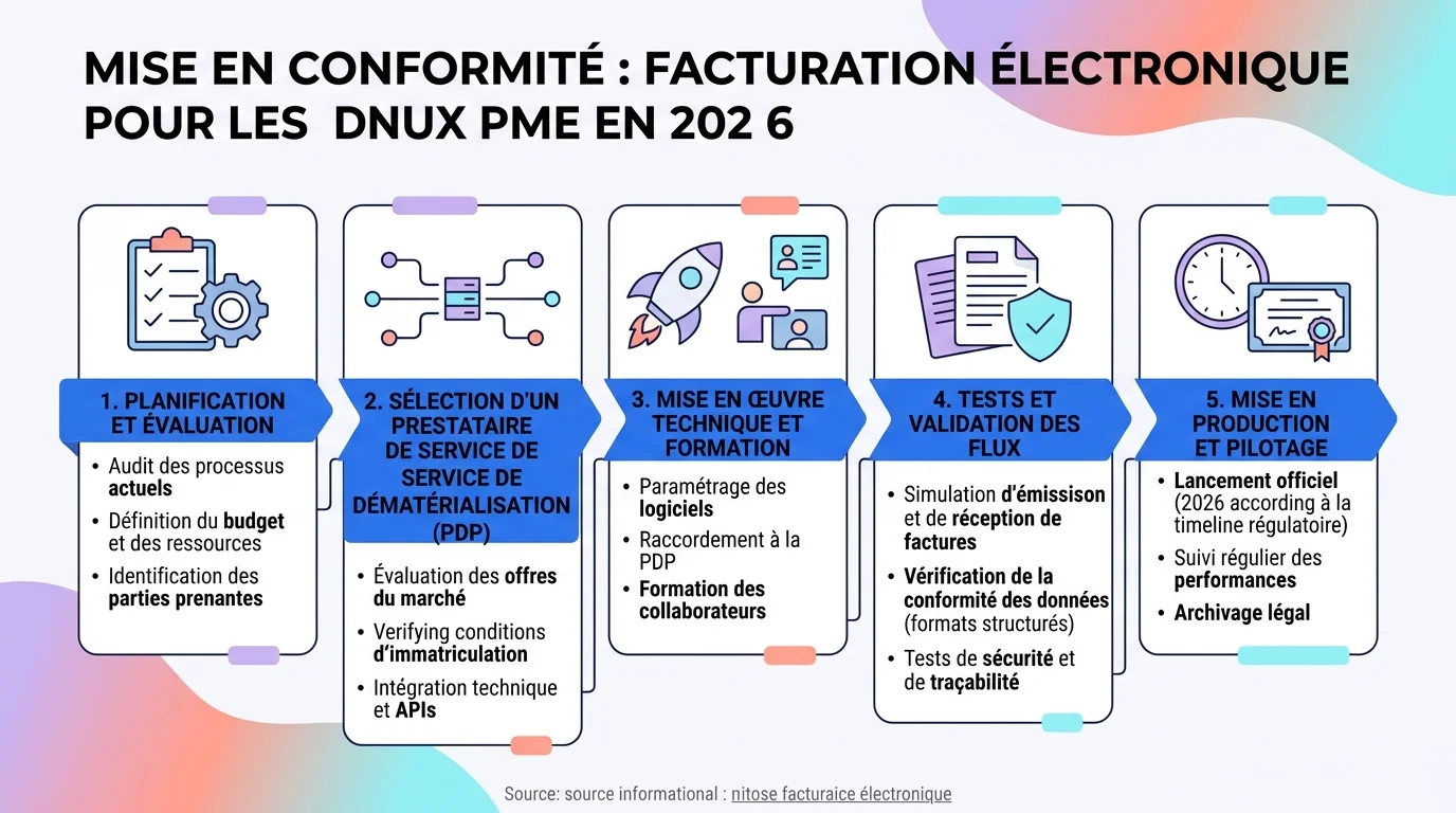 Infographie cinq étapes de mise en conformité facture électronique audit choix format plateforme test déploiement Infographie cinq étapes de mise en conformité facture électronique audit choix format plateforme test déploiement