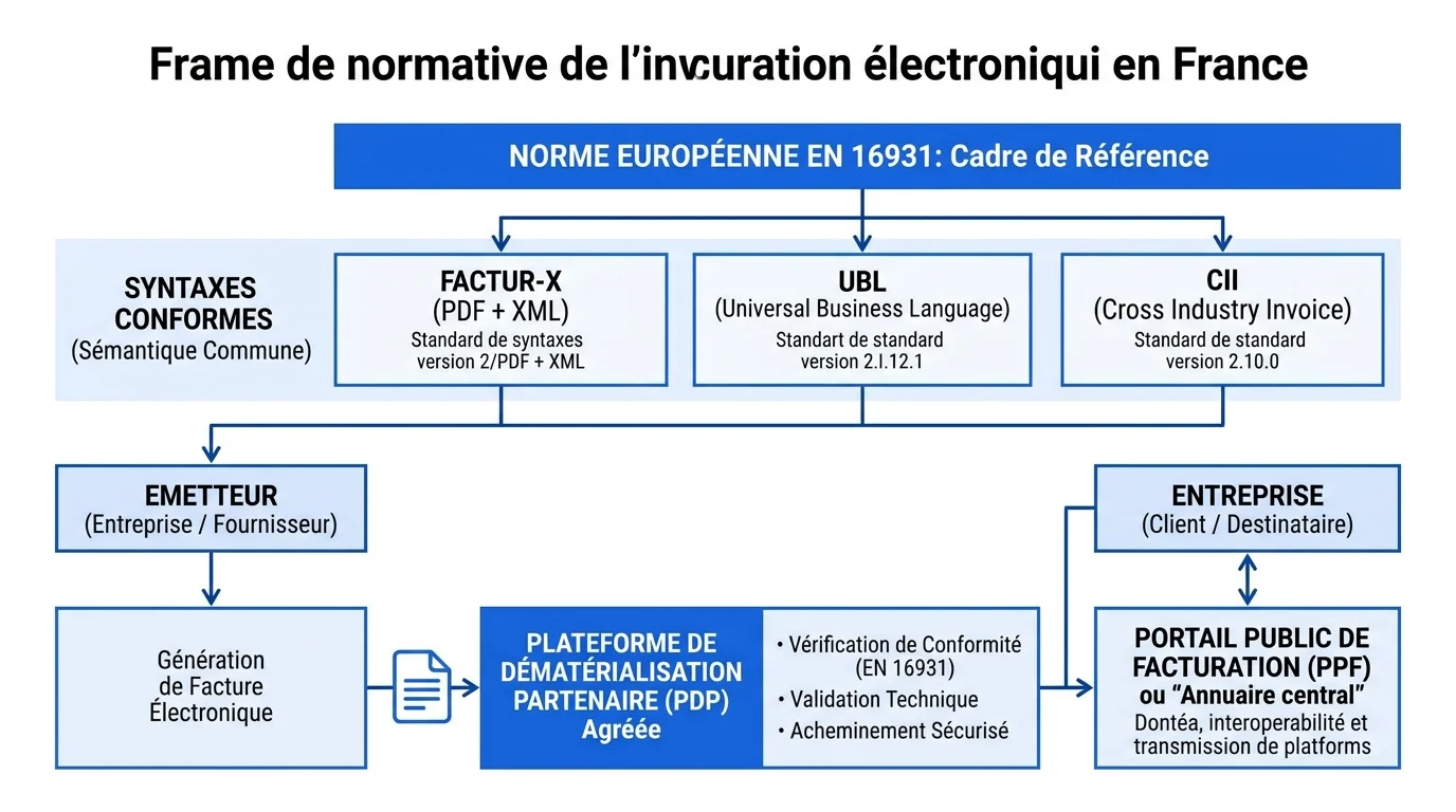 Schéma architecture normative facturation électronique France norme EN 16931 trois formats Factur-X UBL CII Schéma architecture normative facturation électronique France norme EN 16931 trois formats Factur-X UBL CII
