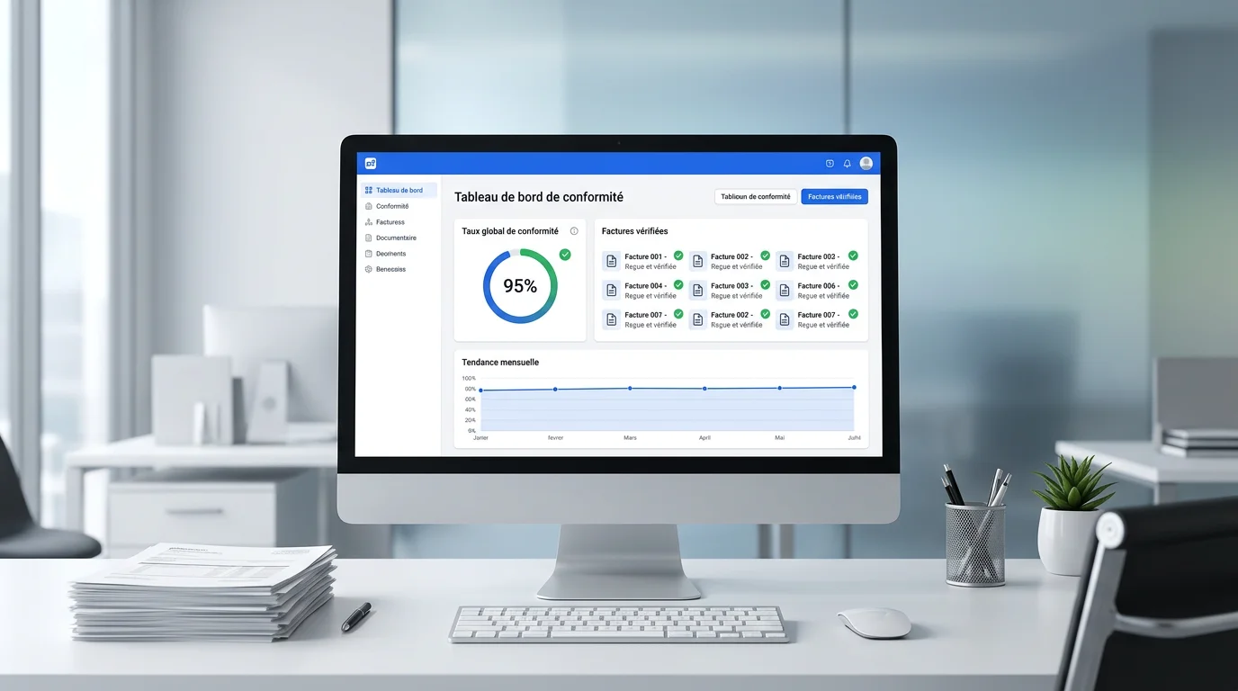 Bureau professionnel avec écran d'ordinateur affichant un tableau de bord de conformité documentaire avec des indicateurs verts et des icônes de factures vérifiées sur fond blanc et bleu Bureau professionnel avec écran d'ordinateur affichant un tableau de bord de conformité documentaire avec des indicateurs verts et des icônes de factures vérifiées sur fond blanc et bleu
