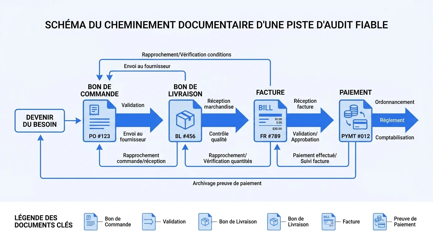 Schéma du cheminement documentaire d'une piste d'audit fiable reliant bon de commande, bon de livraison, facture et paiement avec des flèches directionnelles sur fond blanc Schéma du cheminement documentaire d'une piste d'audit fiable reliant bon de commande, bon de livraison, facture et paiement avec des flèches directionnelles sur fond blanc