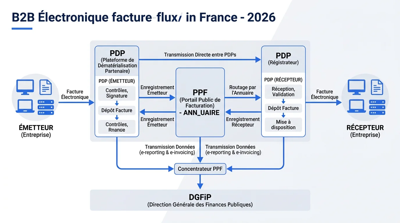 Schéma flux facturation électronique B2B 2026 : entreprise émettrice à gauche envoie via PDP, annuaire PPF au centre route vers PDP réceptrice à droite, concentrateur PPF envoie données DGFiP en bas Schéma flux facturation électronique B2B 2026 : entreprise émettrice à gauche envoie via PDP, annuaire PPF au centre route vers PDP réceptrice à droite, concentrateur PPF envoie données DGFiP en bas