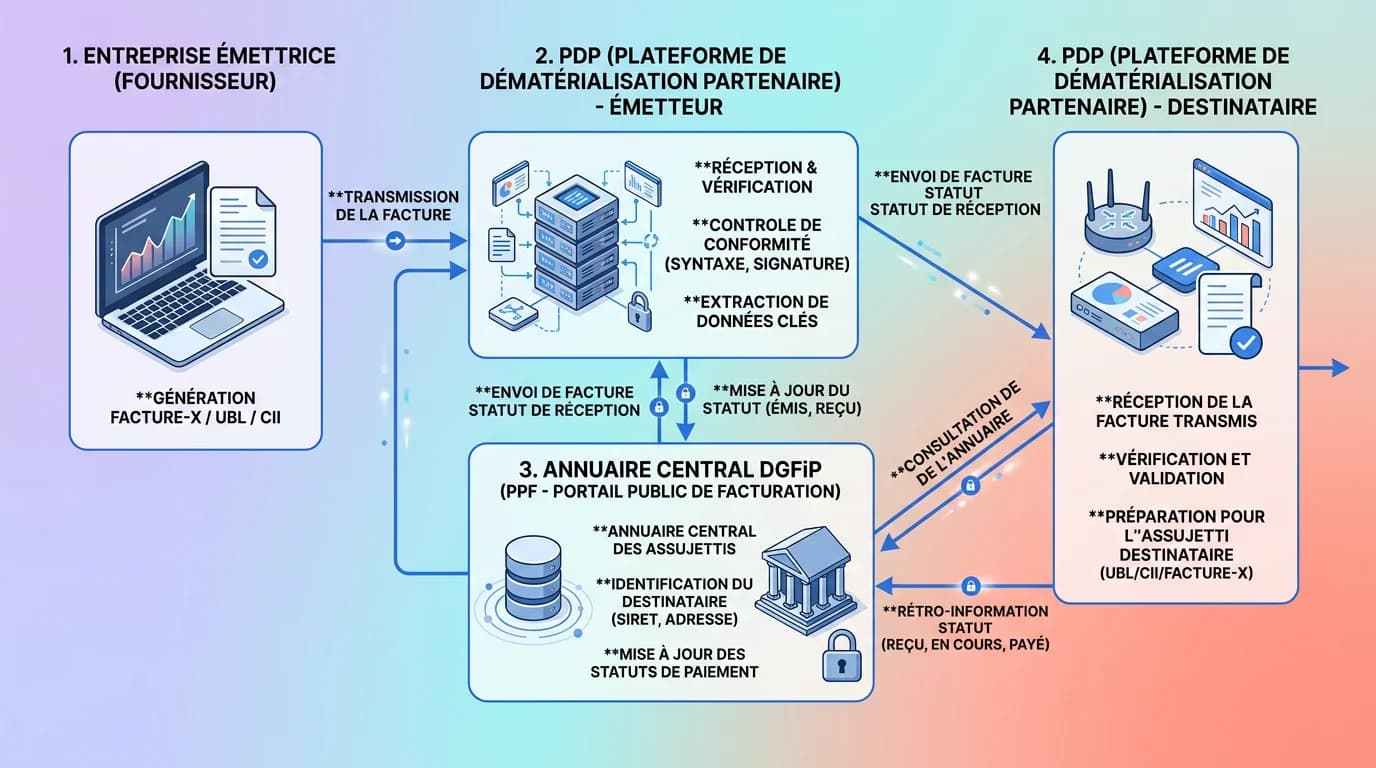 Schéma du flux de facturation électronique entre émetteur, plateforme agréée PDP, annuaire DGFiP et destinataire Schéma du flux de facturation électronique entre émetteur, plateforme agréée PDP, annuaire DGFiP et destinataire