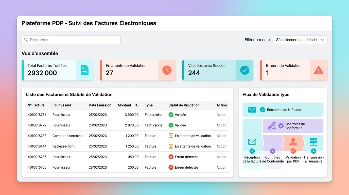 Interface de tableau de bord PDP montrant le suivi des factures électroniques avec statuts de validation Interface de tableau de bord PDP montrant le suivi des factures électroniques avec statuts de validation