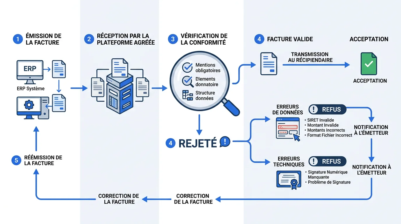 Schéma du parcours d'une facture électronique refusée sur une plateforme agréée avec les statuts rejet refus et acceptation Schéma du parcours d'une facture électronique refusée sur une plateforme agréée avec les statuts rejet refus et acceptation