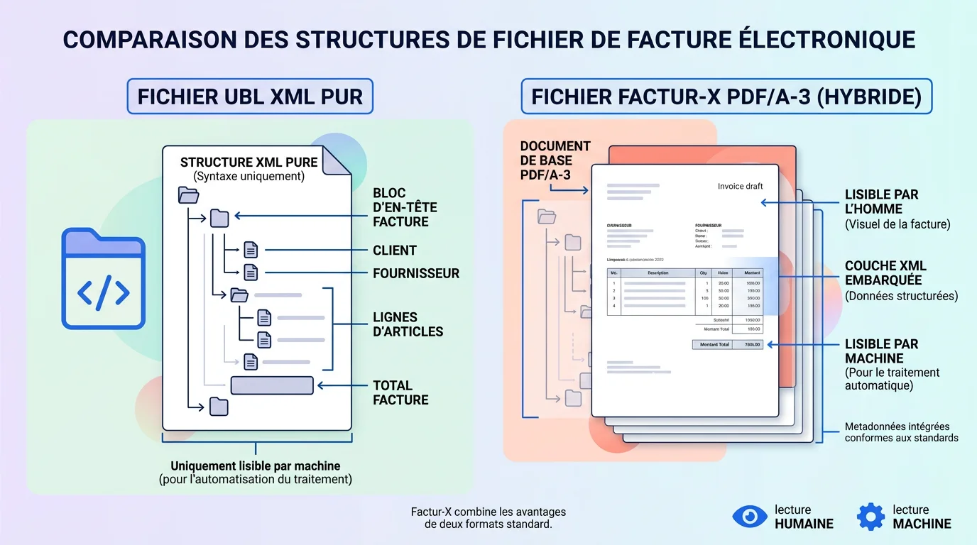 Tableau visuel comparant la structure d'un fichier UBL XML pur et d'un fichier Factur-X PDF avec couche XML intégrée Tableau visuel comparant la structure d'un fichier UBL XML pur et d'un fichier Factur-X PDF avec couche XML intégrée