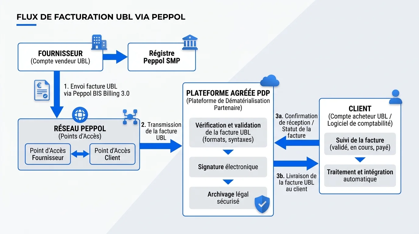 Schéma du flux de facturation UBL entre fournisseur, plateforme agréée PDP et client via le réseau Peppol Schéma du flux de facturation UBL entre fournisseur, plateforme agréée PDP et client via le réseau Peppol