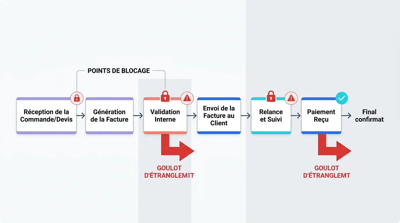 Diagramme montrant les points de blocage dans un workflow de facturation avec flèches rouges sur les goulots Diagramme montrant les points de blocage dans un workflow de facturation avec flèches rouges sur les goulots