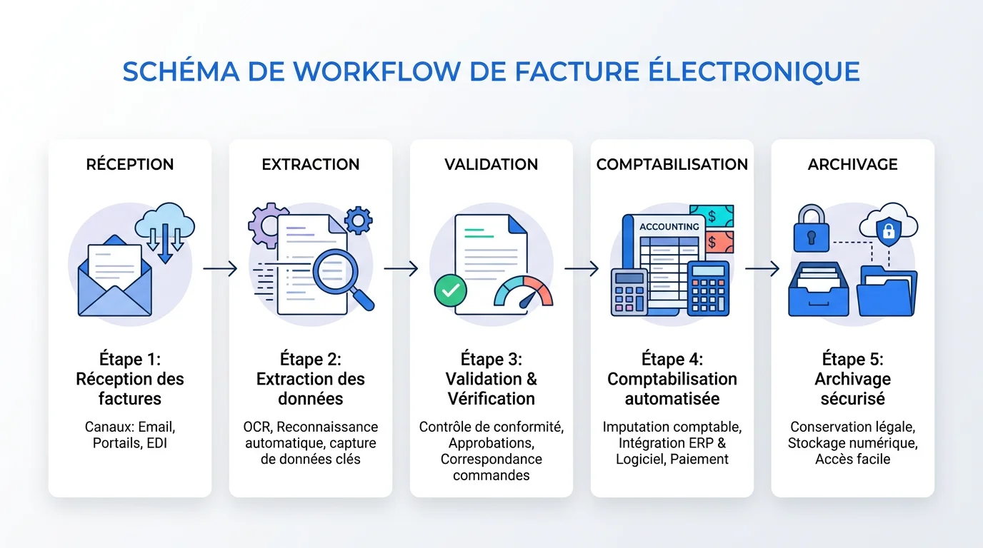 Schéma en 5 étapes du workflow de facture électronique avec icônes réception extraction validation comptabilisation archivage Schéma en 5 étapes du workflow de facture électronique avec icônes réception extraction validation comptabilisation archivage